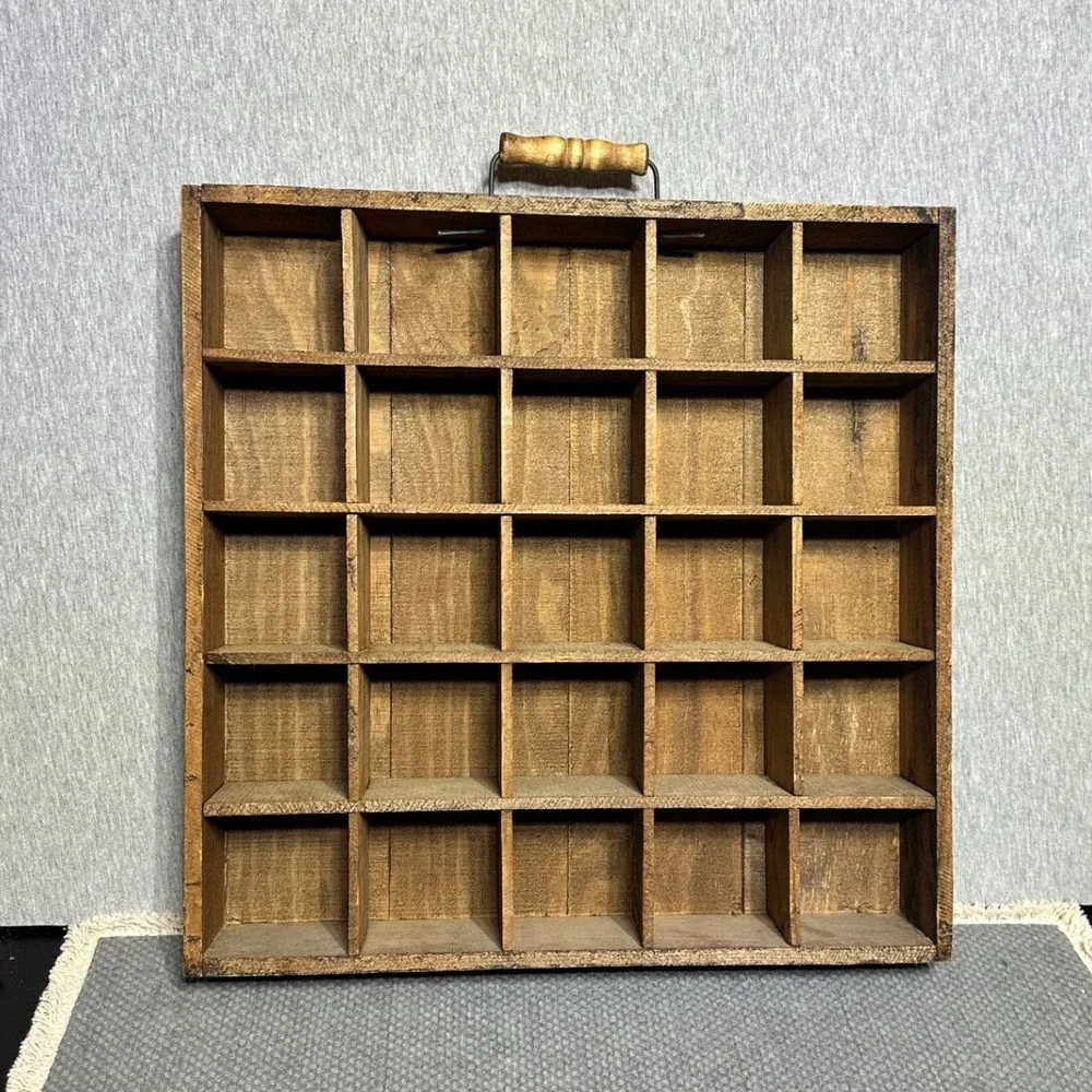 Rustic Wooden Shadow Box 25 Cubby Display Case Wall Hanging Brown 15x15